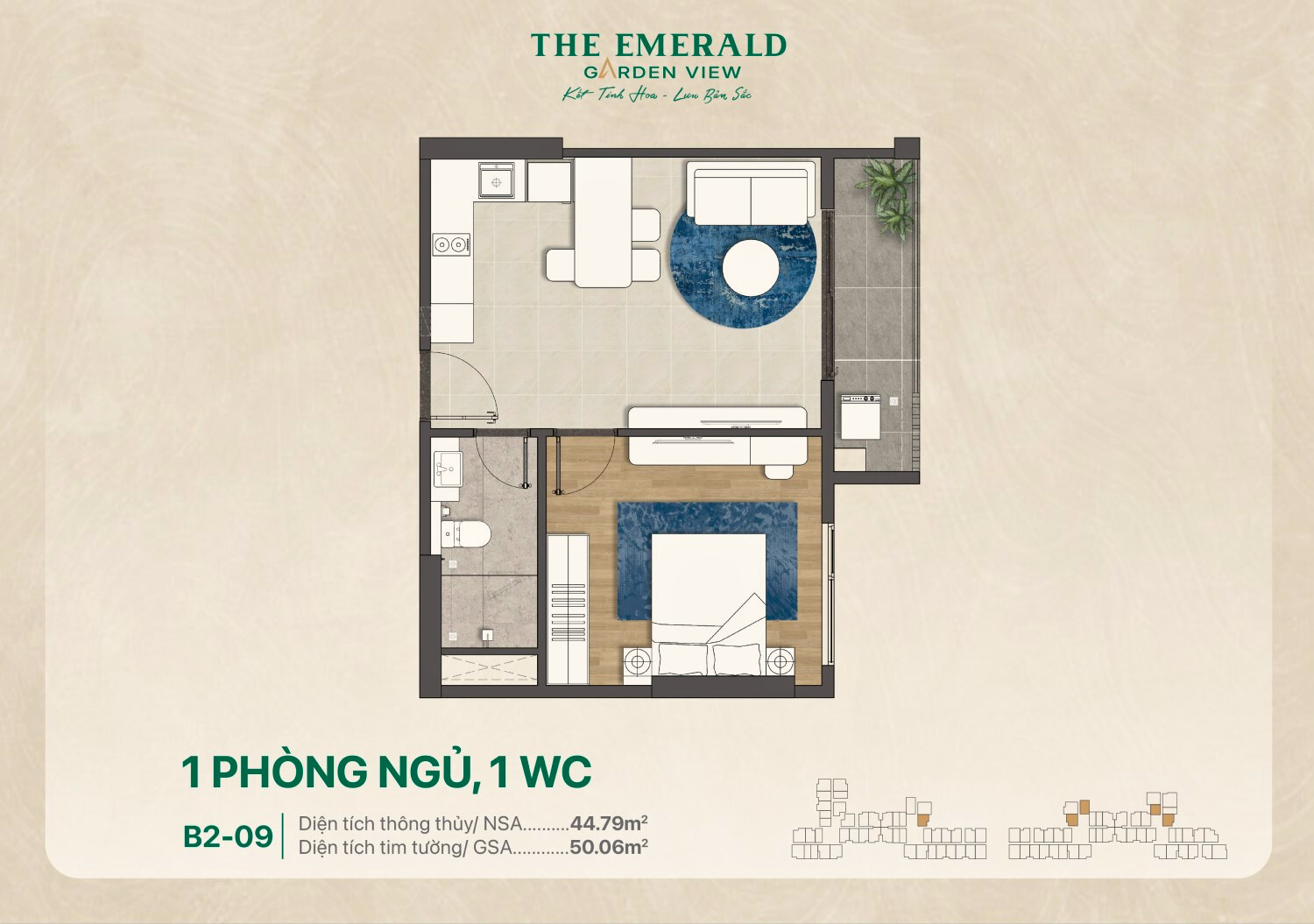 Căn B1-09 The Emerald Garden View 1pn, 1wc